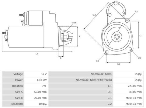 Καινούρια Μίζα Ανακατασκευήςς 12V/1,1KW 10t CW -Δακτύλιοι