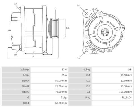 Δυναμό 12V/65A (D+) -PLA