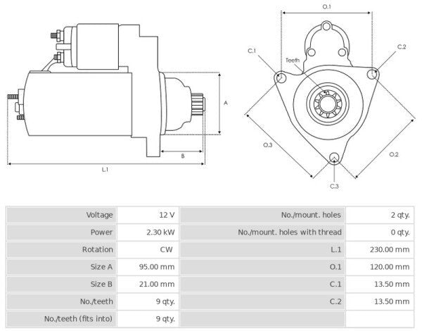 Μίζα 12V/2,3Kw 9t CW -NLR