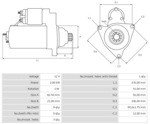 Μίζα 12V/2.0Kw 9t CW -NLR