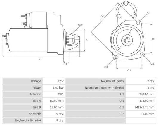 Καινούρια Μίζα Ανακατασκευήςς 12V/1,4Kw 9t CW -Δακτύλιοι