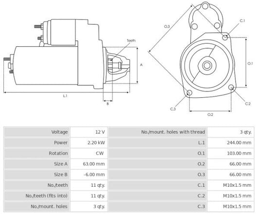 Καινούρια Μίζα Ανακατασκευήςς 12V/2,2Kw 11t CW -Δακτύλιοι