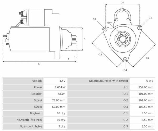 Καινούρια Μίζα Ανακατασκευήςς 12V/2.0Kw 10t ACW -Δακτύλιοι