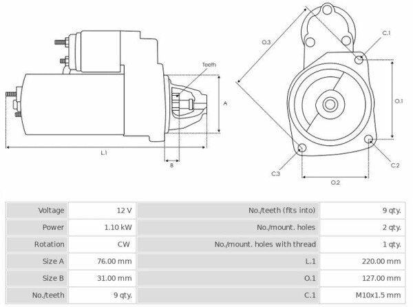 Καινούρια Μίζα Ανακατασκευήςς 12V/1,1Kw 9t CW -Δακτύλιοι