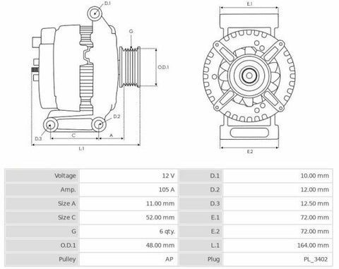 Δυναμό 12V/105A (FR/LI SIG/RC A) -NLR