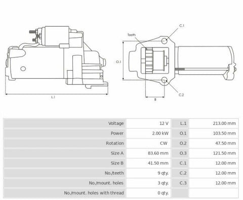 Μίζα 12V/2.0Kw 9t CW -NLR