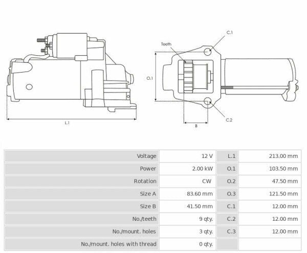 Καινούρια Μίζα Ανακατασκευήςς 12V/2.0Kw 9t CW -Δακτύλιοι