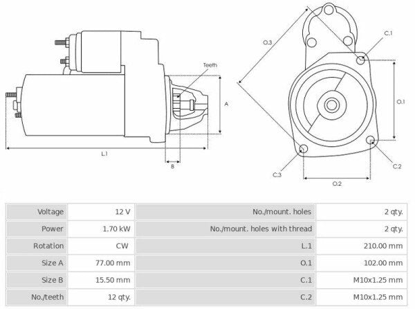 Μίζα 12V/1,7Kw 12t CW -NLR