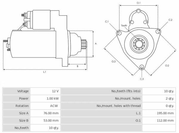 Μίζα 12V/1.0Kw 10t ACW -NLP