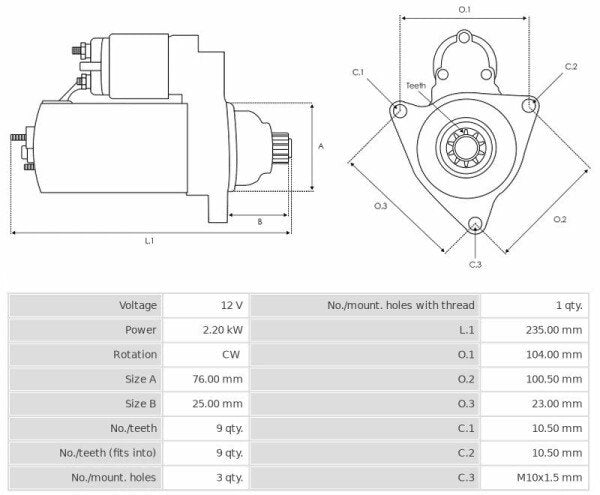 Μίζα 12V/2,2Kw 9t CW -NLR