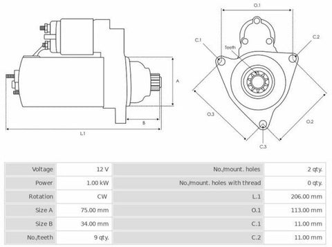 Μίζα 12V/1.0Kw 9t CW -PLA