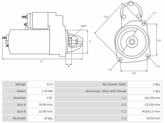 Καινούρια Μίζα Ανακατασκευήςς 12V/1,7Kw 10t CW -Δακτύλιοι