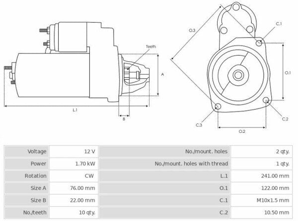 Καινούρια Μίζα Ανακατασκευήςς 12V/1,7Kw 10t CW -Δακτύλιοι