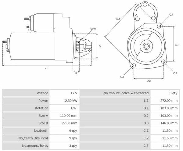 Καινούρια Μίζα Ανακατασκευήςς 12V/2,3Kw 9t CW -Δακτύλιοι