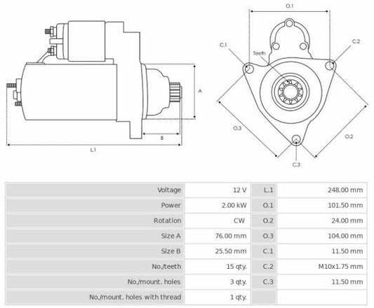 Καινούρια Μίζα Ανακατασκευήςς 12V/2.0Kw 15t CW -Δακτύλιοι