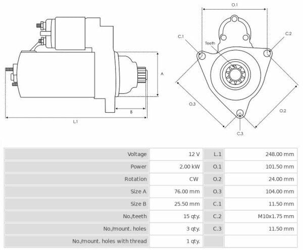 Καινούρια Μίζα Ανακατασκευήςς 12V/2.0Kw 15t CW -Δακτύλιοι