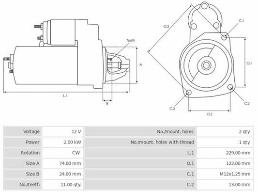 Καινούρια Μίζα Ανακατασκευήςς 12V/2.0Kw 11t CW -Δακτύλιοι