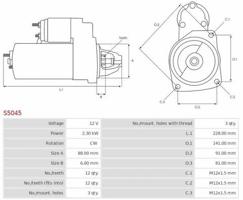 Μίζα 12V/2,3Kw 12t CW -NLR