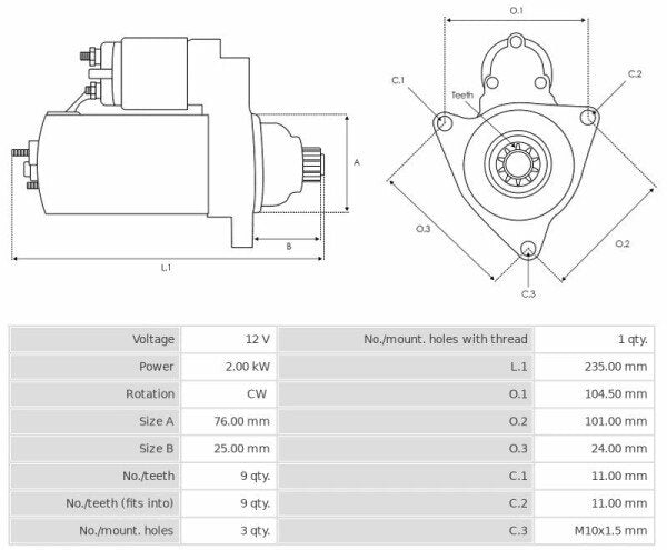 Μίζα 12V/2.0Kw 9t CW -LVI