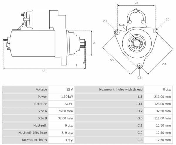 Μίζα 12V/1.1Kw 9t ACW -NLR