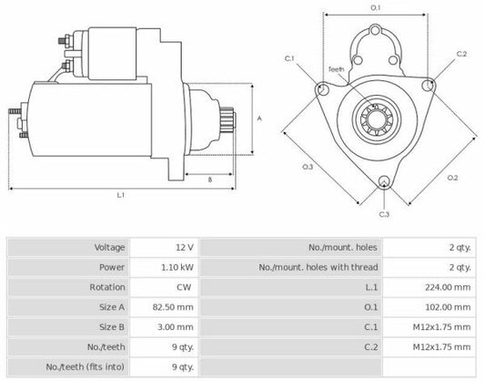 Καινούρια Μίζα Ανακατασκευήςς 12V/1,1Kw 9t CW -Δακτύλιοι