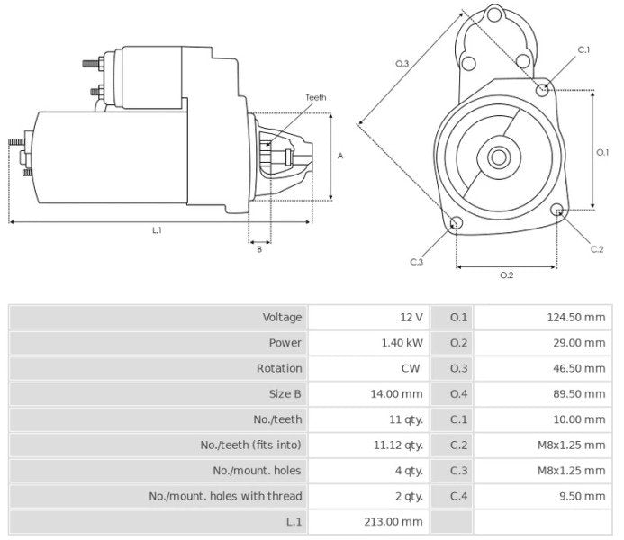 Καινούρια Μίζα Ανακατασκευήςς 12V/1,4Kw 11t CW -Δακτύλιοι