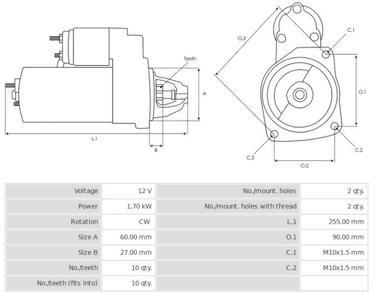 Καινούρια Μίζα Ανακατασκευήςς 12V/1,7Kw 10t CW -Δακτύλιοι