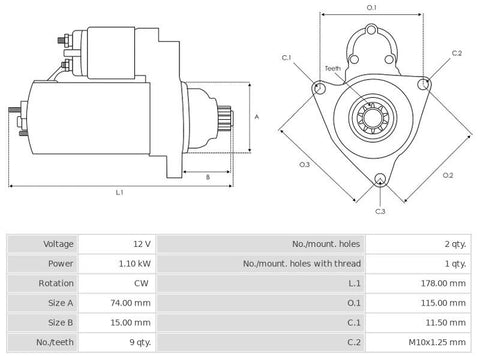 Μίζα 12V/1.1Kw 9t CW -NLR