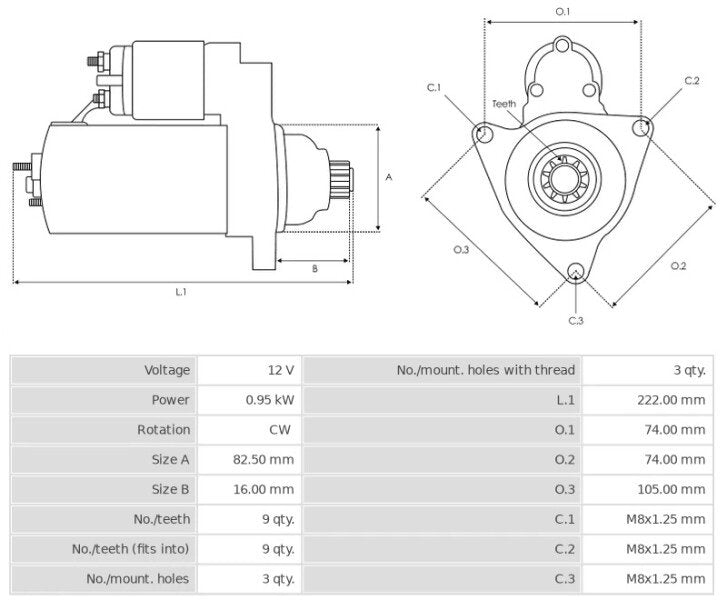 Καινούρια Μίζα Ανακατασκευής 12V/0,95Kw 9t (CW) -Δακτύλιοι