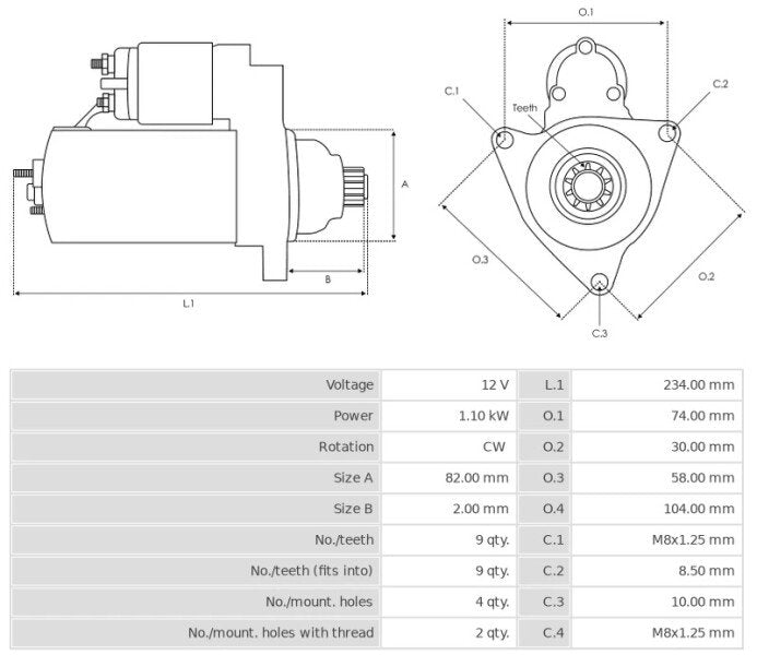 Μίζα 12V/1.1Kw 9t CW -NLR