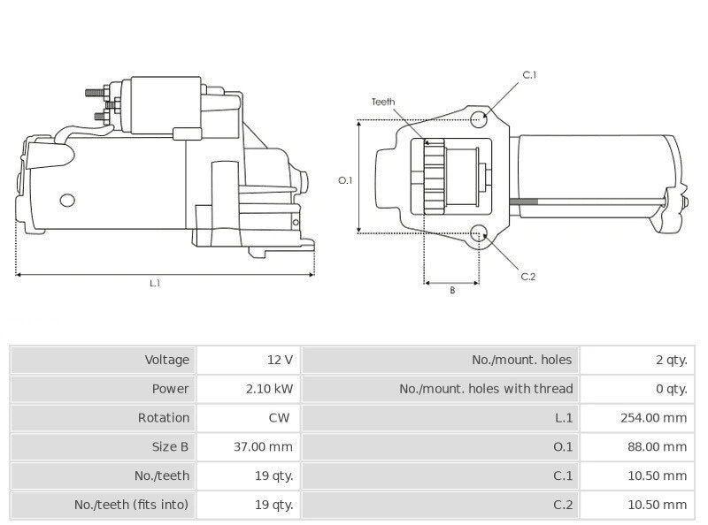 Καινούρια Μίζα Ανακατασκευής 12V/2,1Kw 19t CW -Δακτύλιοι