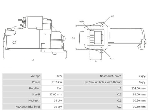 Καινούρια Μίζα Ανακατασκευής 12V/2,1Kw 19t CW -Δακτύλιοι