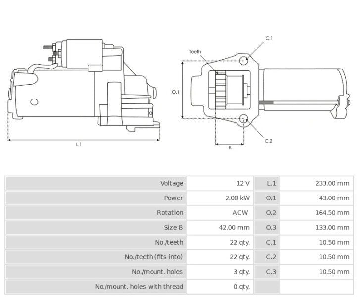 Μίζα 12V/2.0Kw 22t ACW -NLR