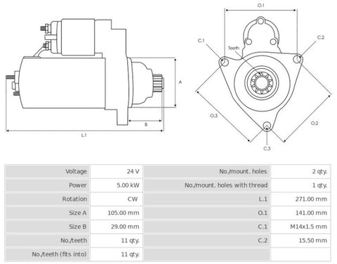 Καινούρια Μίζα Ανακατασκευήςς 24V/5,0Kw 11t CW -Δακτύλιοι