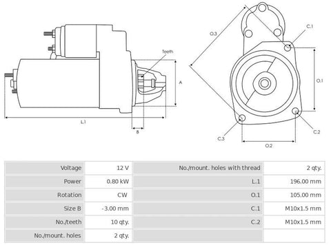 Μίζα 12V/0,8Kw 10t CW -PLA