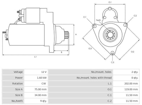 Μίζα 12V/1,6Kw 9t CW -PLA