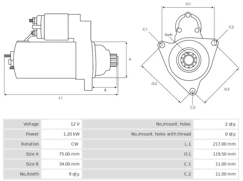 Μίζα 12V/1.2Kw 9t CW -PLA