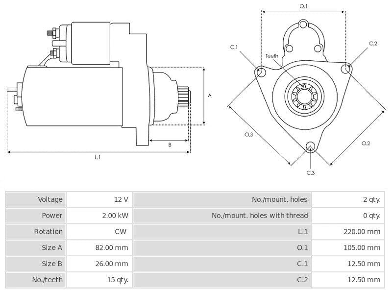 Μίζα 12V/2.0Kw 15t CW -PLA