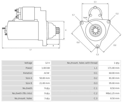 Μίζα καινούργιο 12V/1.0Kw 9t ACW -NLR