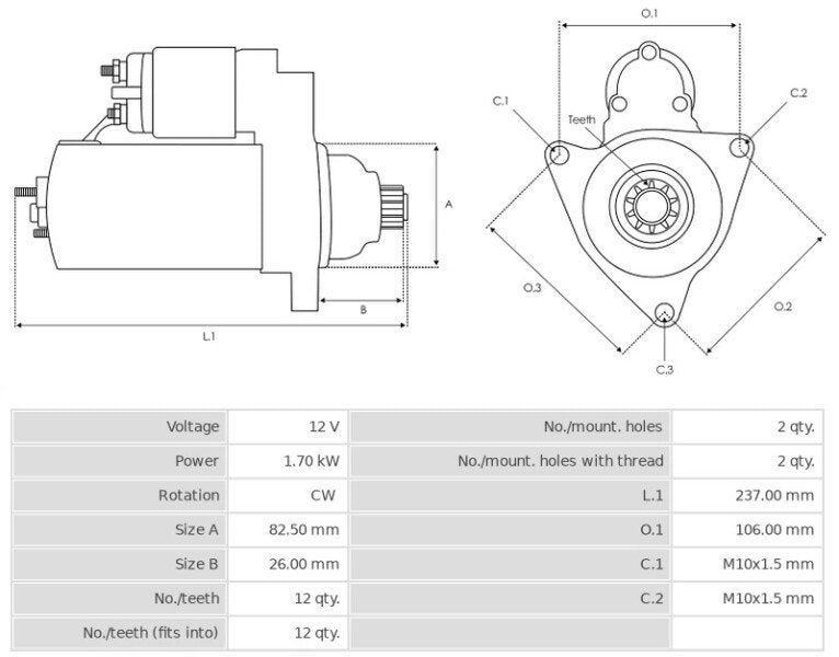 Καινούρια Μίζα Ανακατασκευήςς 12V/1,7Kw 12t CW -Δακτύλιοι