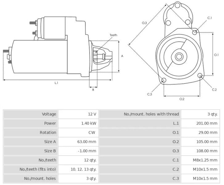 Καινούρια Μίζα Ανακατασκευήςς 12V/1,4Kw 12t CW -Δακτύλιοι