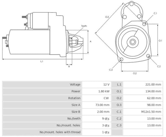 Μίζα 12V/1,8Kw 9t CW -NLR