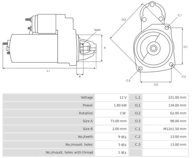 Μίζα 12V/1,8Kw 9t CW -NLR