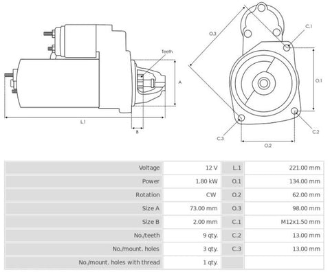 Μίζα 12V/1,8Kw 9t CW -NLR