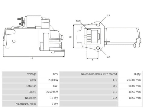 Καινούρια Μίζα Ανακατασκευήςς 12V/2.0Kw 12t CW -Δακτύλιοι