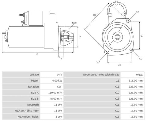 Καινούρια Μίζα Ανακατασκευής 24V/4,0Kw 11t CW -Δακτύλιοι