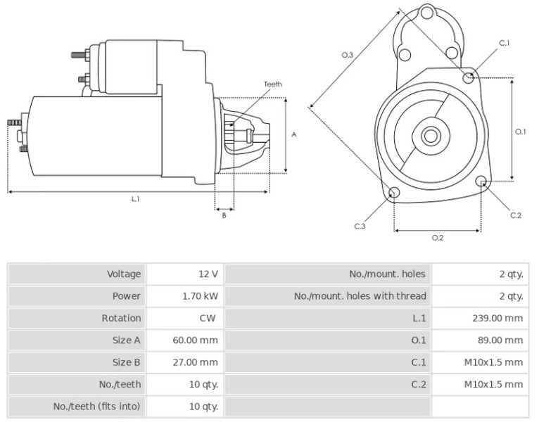 Μίζα 12V/1,7Kw 10t CW -NLR