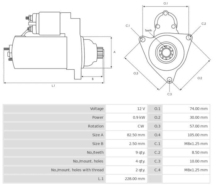 Μίζα 12V/0,9KW 9t CW -LVH18